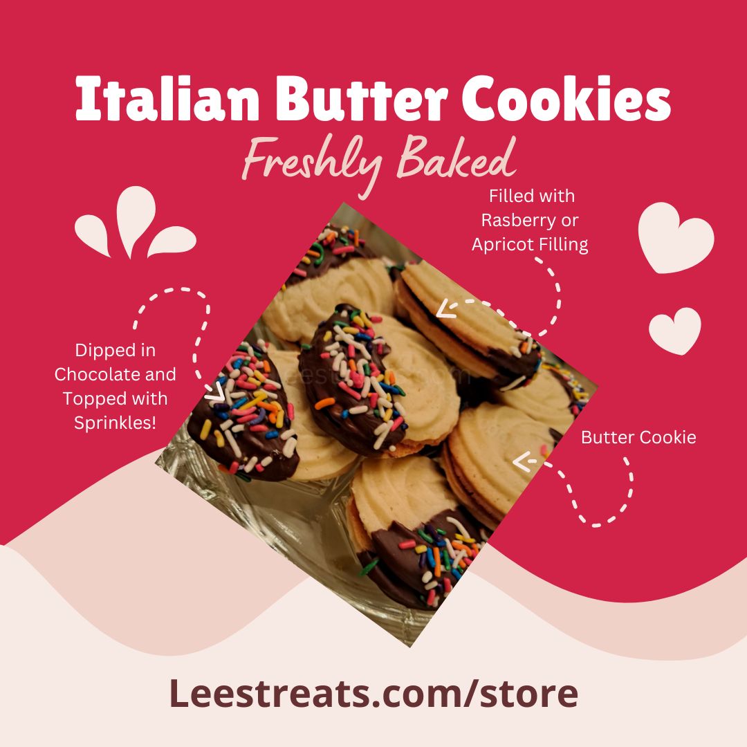 Enjoy a buttery bite of Italy! Try our scrumptious Italian Butter Cookies today and let your taste buds do the happy dance. Leestreats.com/store #ButteryBliss #ItalianTreats #BakedFreshDaily #Onlineordering