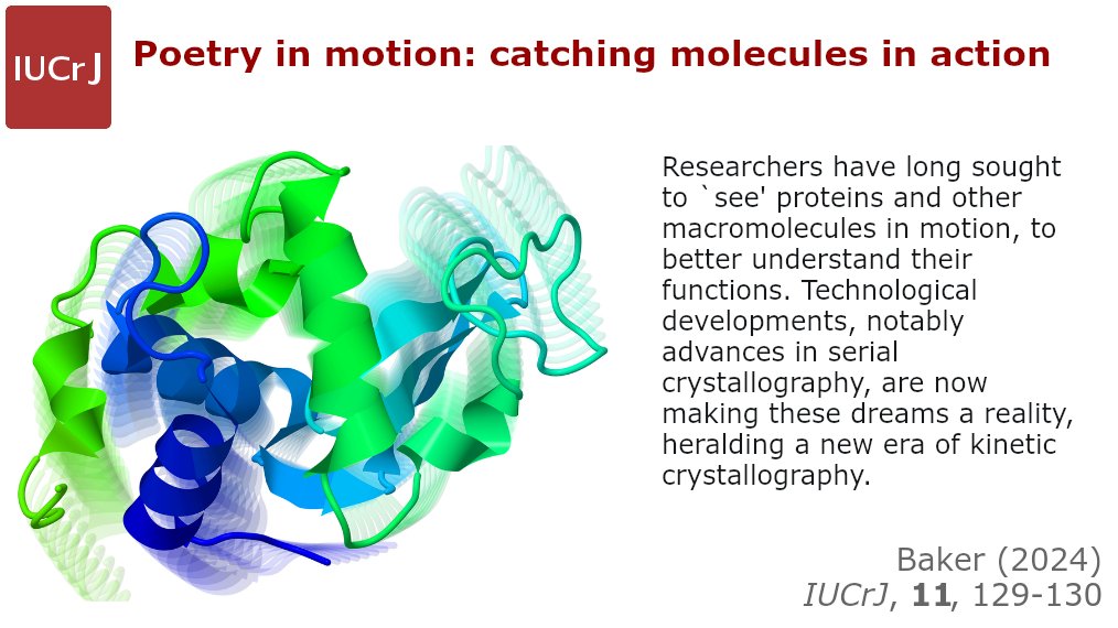 IUCrJ's tweet photo. Poetry in motion @IUCrJ https://t.co/djb971TXGE @Biology_UoA @AucklandUni #proteindynamics #timeresolved #crystallography #serial #femtosecond #Laue #diffraction #editorial @IUCr #openaccess https://t.co/PSj8uy5Iar