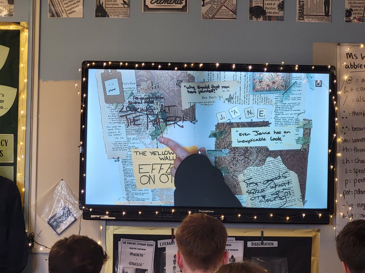 LinAcEnglish's tweet photo. #makingthinkingvisible with Ms Wright's Higher who created & explained excellent collages for elements of characterisation in 'The Yellow Wallpaper'- incl. visual metaphors for stifled creativity, feelings of isolation, & increasing paranoia- fun stuff! 🧐📖 @Linlithgow_Acad https://t.co/9IxkaLghAF