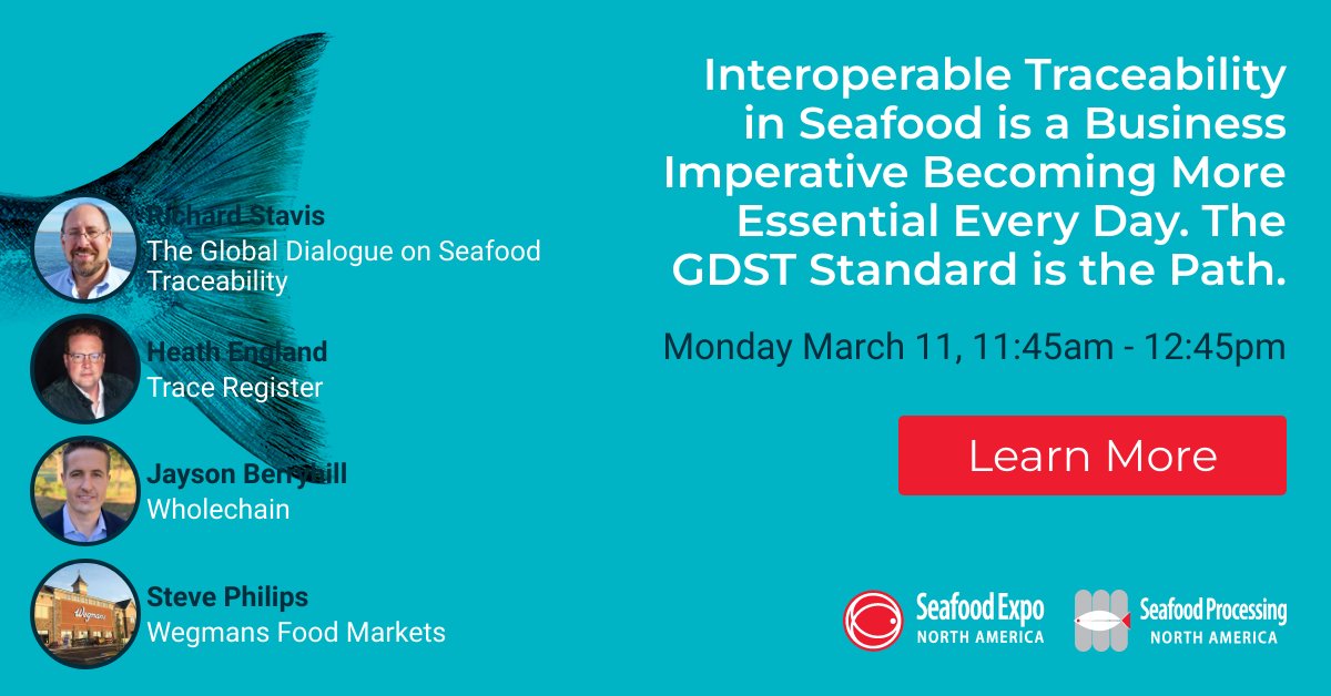 Regulatory requirements are evolving rapidly, making #seafoodtraceability more crucial than ever. Join #GDST’s panel discussion alongside @Wegmans , @newseasons , @TraceRegister and @wholechain at next week’s @SeafoodExpo_NA to discuss supply chain traceability