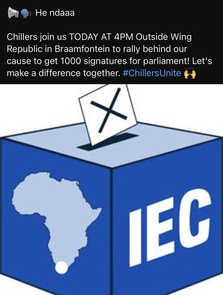 Phakama Chiller ‼️ Let’s Unite. We are going to be in BRAAMFONTEIN today📍 at 4pm 🕓 to petition for parliament. Join us outside the Wing Republic in Braamfontein in Johannesburg📍 #chillersunite #phakamachiller