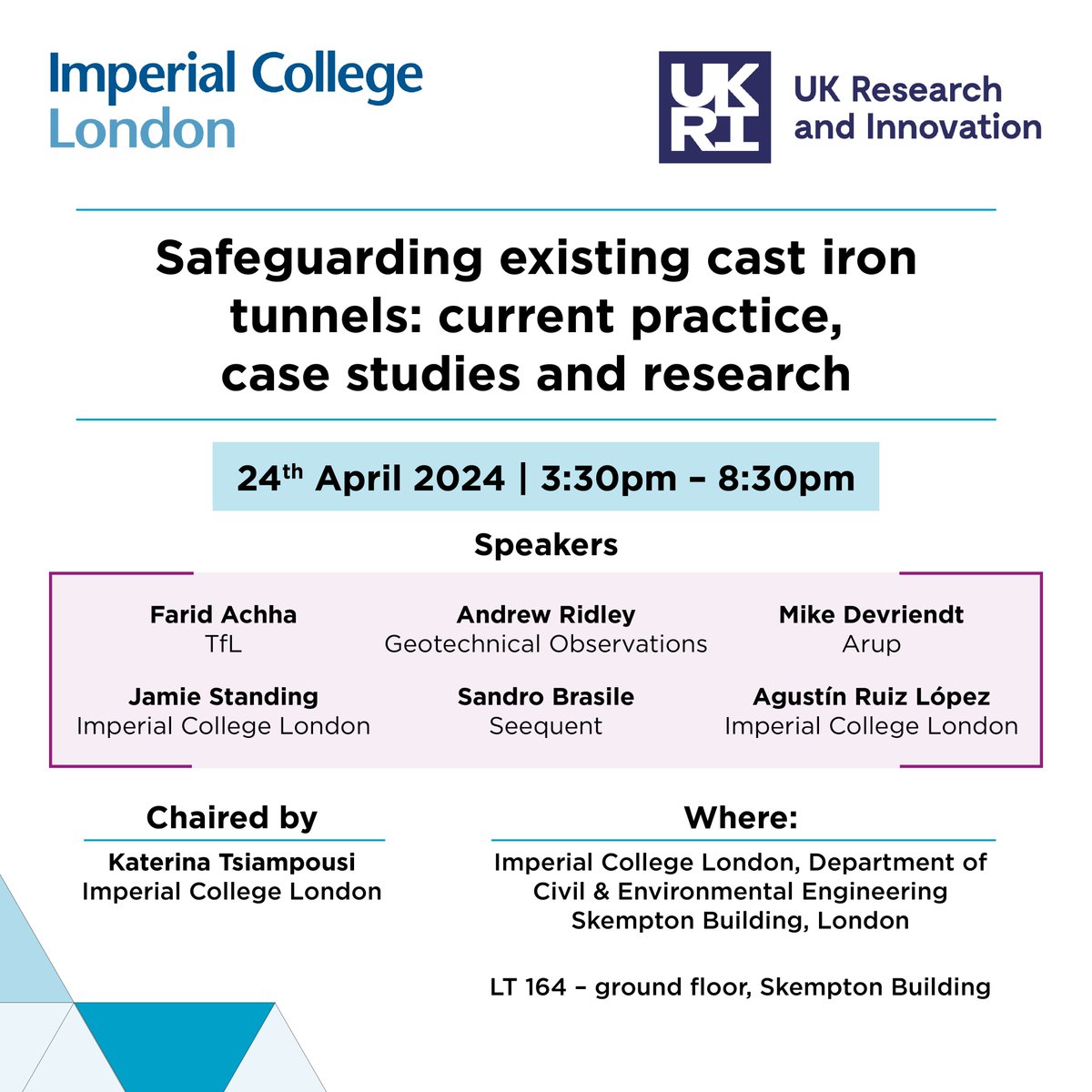 Safeguarding existing cast iron tunnels: current practice, case studies and research.

A seminar taking place on the 24th April 2024 organised by Imperial College London. More details can be found in the link below.

lnkd.in/e6CHN49K