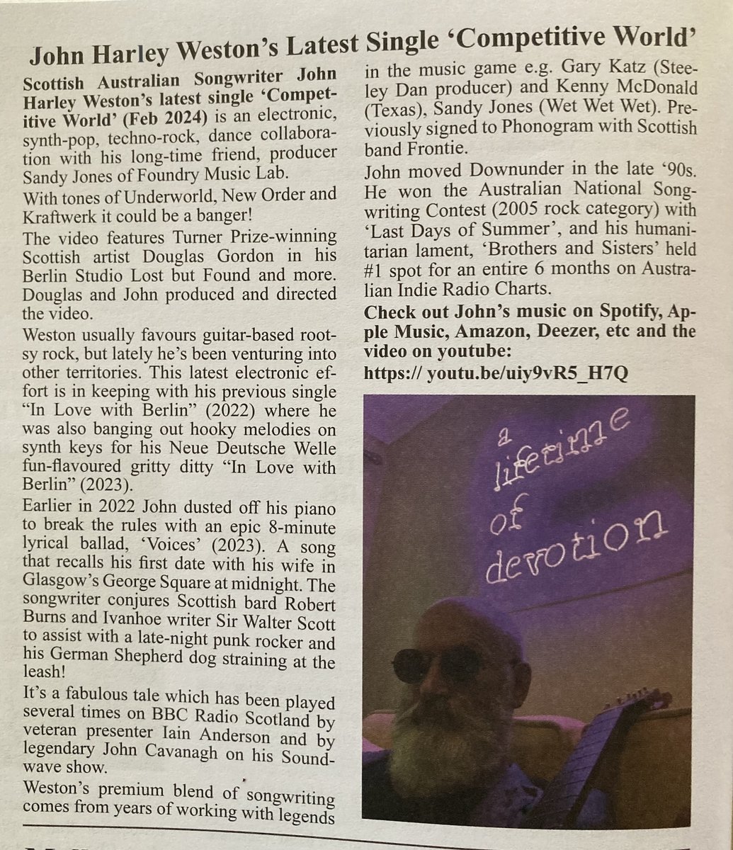 jonharleyweston's tweet photo. Thanks #TamborineTimes featuring my new single #CompetitiveWorld avail on Spotify, Apple, Amazon etc. Video (on Youtube) features Turner Prize-winning artist @douglasgordon66 ❤️🎶
https://t.co/SMXbx2oS2x
#tamborinetimes #tamborinemountain #queenslandmusicians #EDM #synthpop https://t.co/3LCyHnquQU