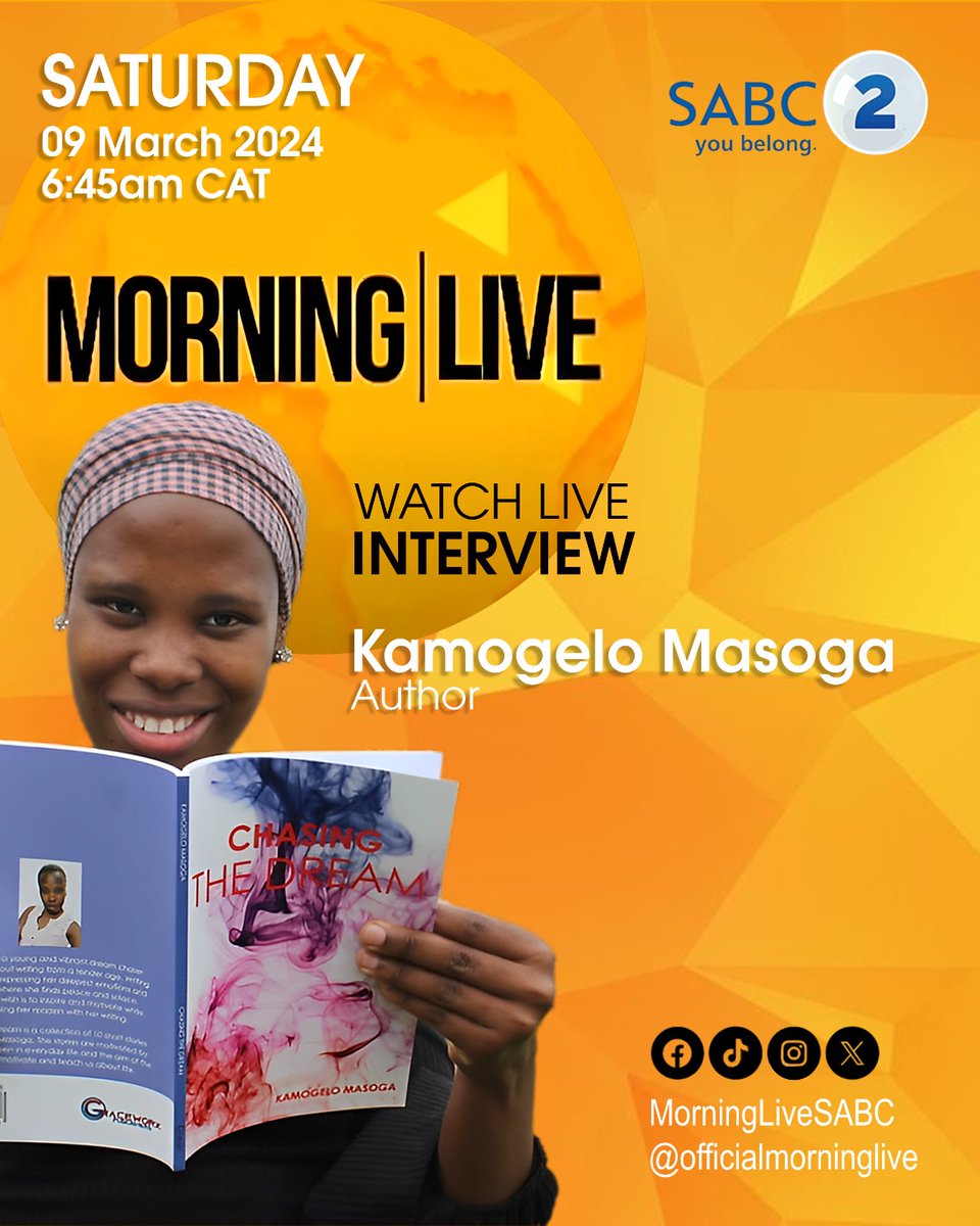 Please catch me on SABC 2 this coming Saturday the 9th of March at 06:45am💃 I will be having an interview with SABC Morning Live regarding my debut book 'Chasing the dream'