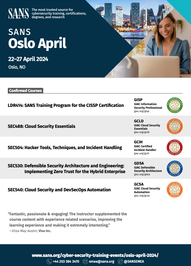 🔐 Unlock cloud security expertise in Oslo: Two courses, endless career possibilities!

Take flight with #SEC488 taught by Ryan Nicholson and #SEC540 taught by @emjohn20 → sans.org/u/1u7x

<a href="/SANSCloudSec/">SANS Cloud Security</a> | #SANSTraining #CloudSecurity #Oslo