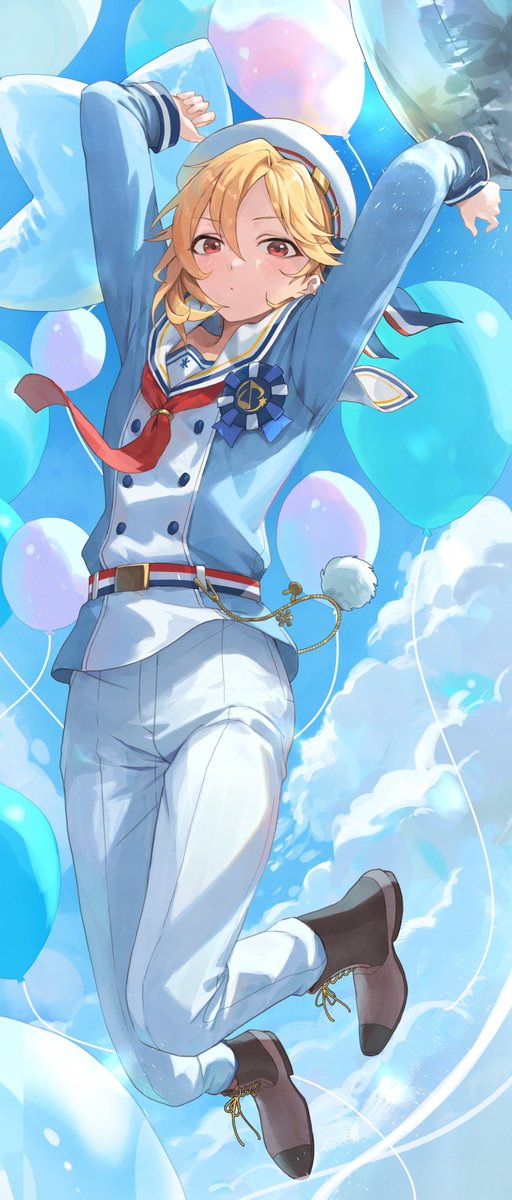 blonde hair balloon 1boy male focus solo sailor collar hat  illustration images