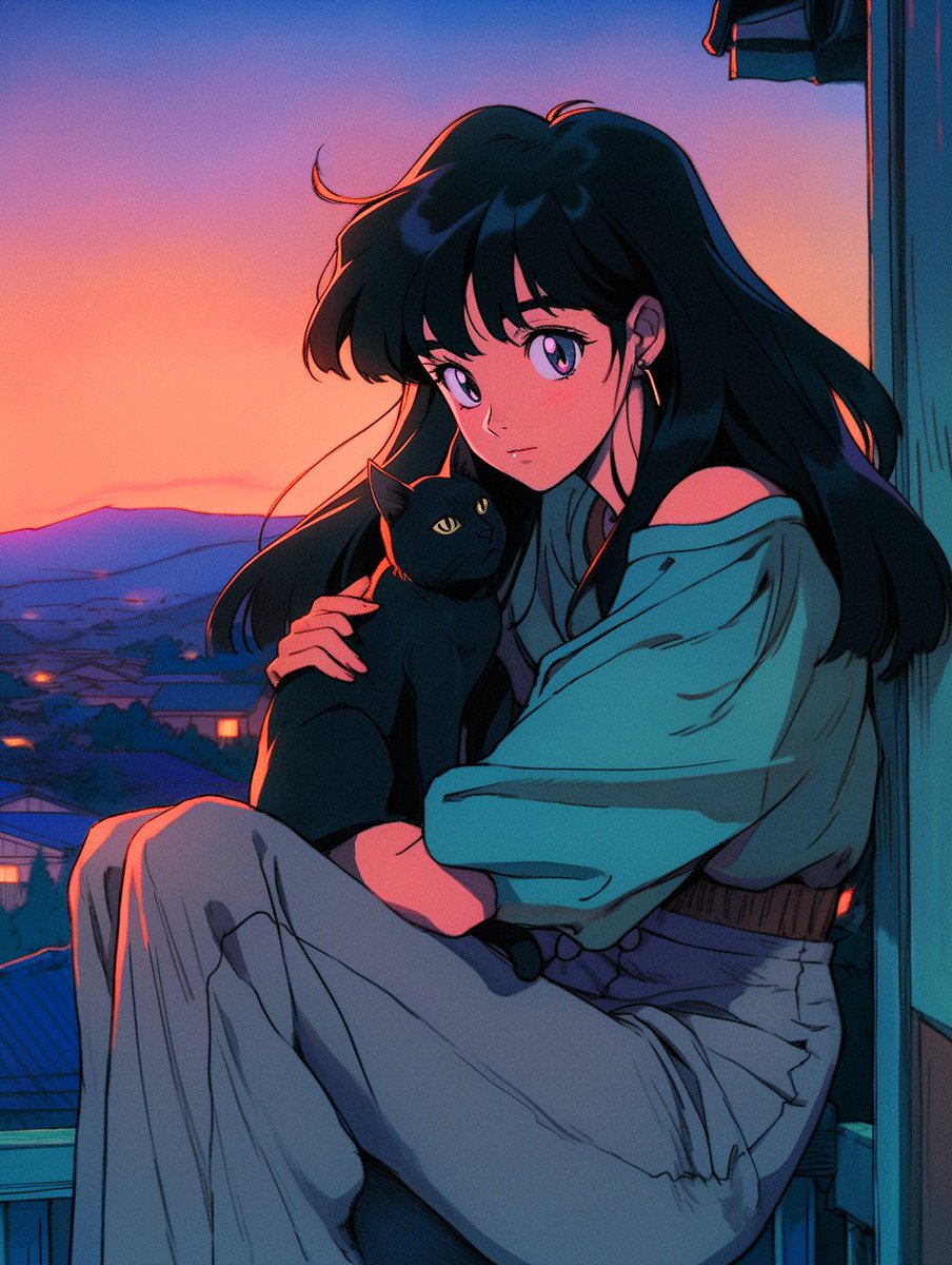 Rooftop serenity with a manga girl and her cat, created with Midjourney niji 5 #manga #japan #cat #mangagirl #TwilightVibes #AnimeArt #CatsOfTwitter #SunsetChill