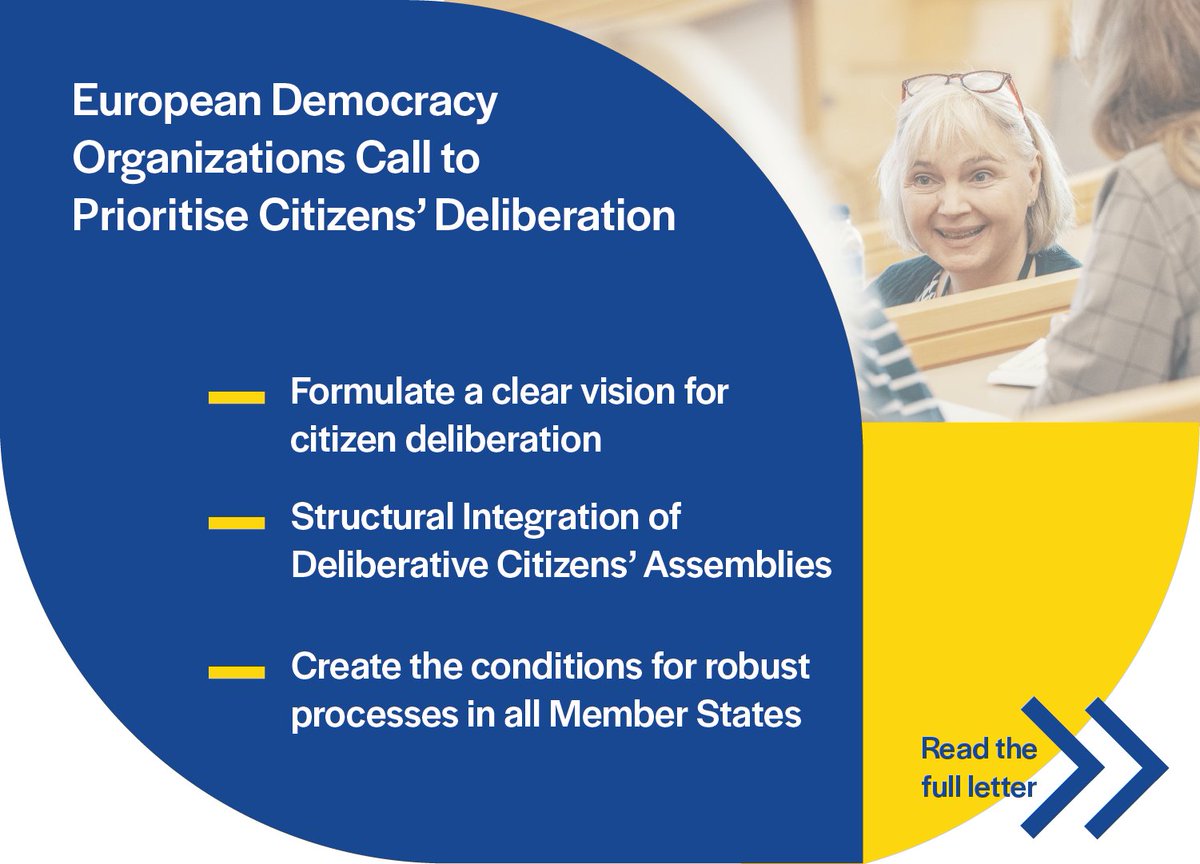 📢European Democracy Organisations call on the EU to prioritise Citizen Deliberation!

4⃣1⃣ Organisations urge the EU to plan ahead, integrate, and support deliberative processes.

📝Read the full letter: bit.ly/49YED9L

#EU2024BE #CitizensAssemblies