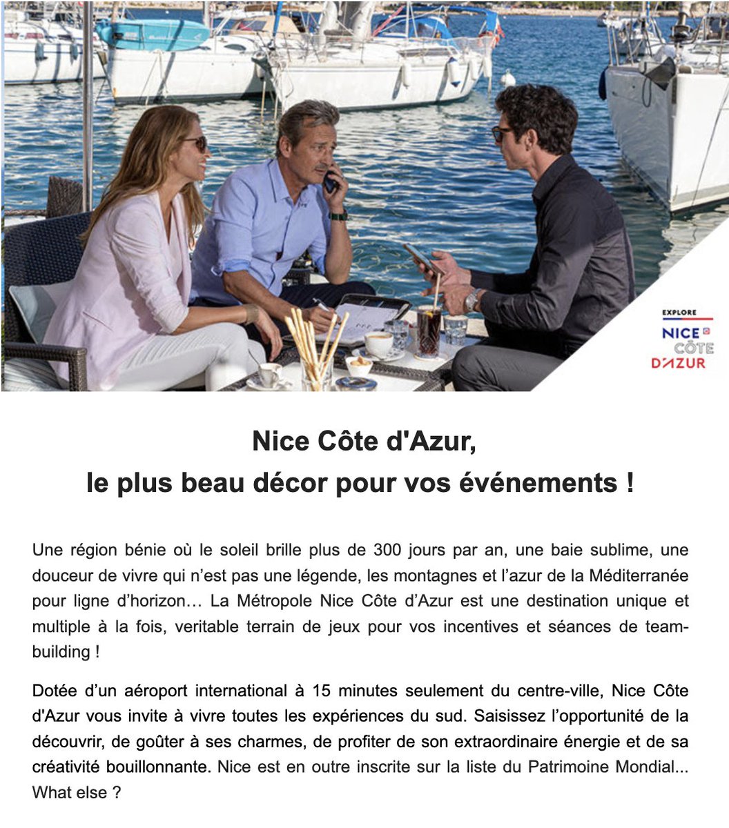📣 Retrouvez l’essentiel de l’actualité MICE de Nice Côte d’Azur en quelques clics ! 😉
Nouveautés, offres et expériences exclusives... Abonnez-vous dès maintenant à notre Newsletter pro👉bit.ly/3SWNuSs

#MeetInNiceCotedAzur #ExploreNiceCotedAzur