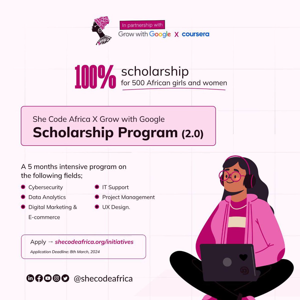 She Code Africa x Grow with Google Scholarship Program have reopened applications for the following tech skills:

Cybersecurity
Data Analytics
Project Management
UX Design 
Digital Marketing &amp; E-commerce
IT Support

Apply here: docs.google.com/forms/d/e/1FAI…

For more details, check: