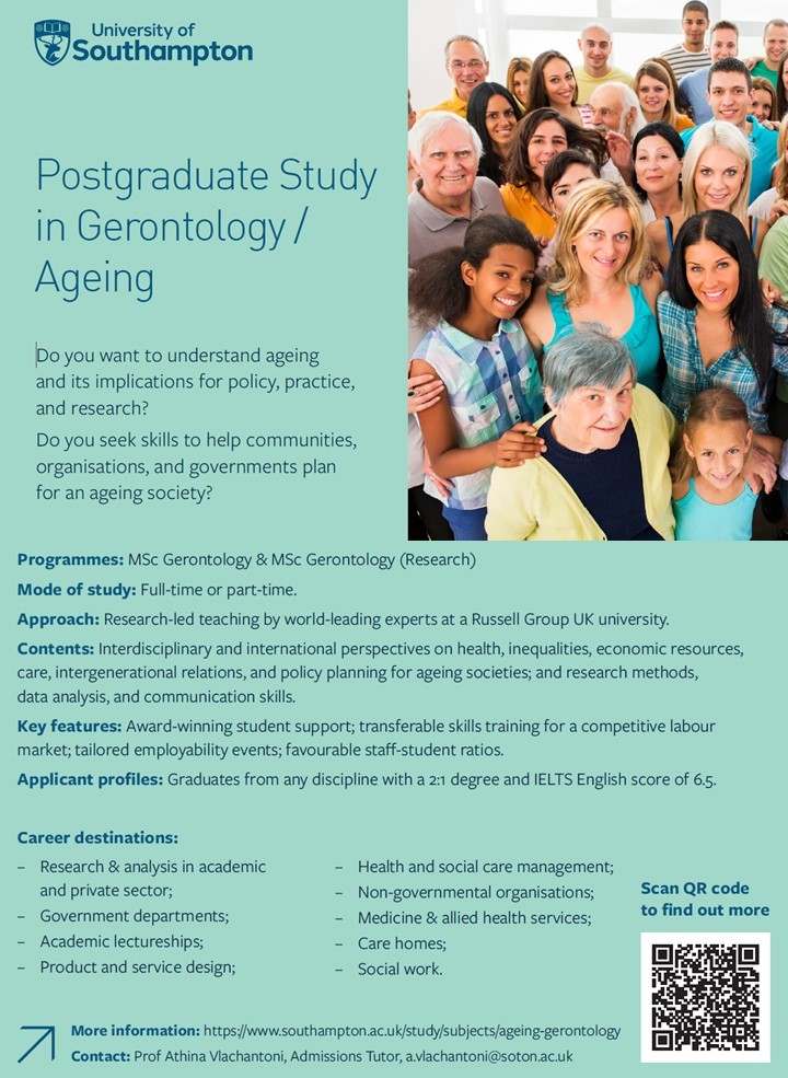 Undecided what to study? Join the exciting world of Gerontology at @unisouthampton. Study opportunities in Ageing/Gerontology from September 2024 available for full-time and part-time formats. Click here to learn more: shorturl.at/bntL8