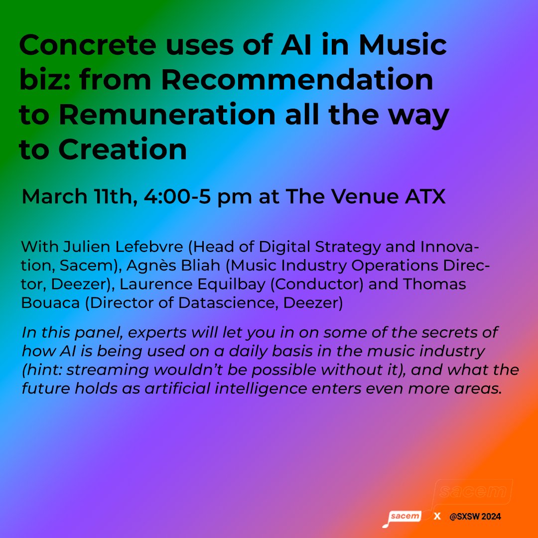 For the 2nd year running, Sacem will be in Austin for #SXSW2024 from 11 to 14 March. Our experts will discuss several key topics such as new remuneration models for #streaming, the impact of new technologies such as #AI, our #Musicstart service 💬💡 📅 Come along to meet us ⤵