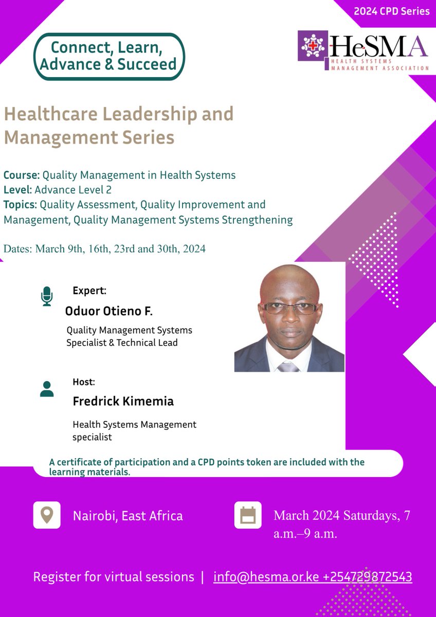 #QualityManagement is an immovable strand in #HealthSystemsStrengthening.

In our CPD process  @HeSMAEAfrica, we have prepared something for Healthcare professionals, Managers & Leaders at the Entry, Middle & Senior levels.

Dial-in thru' the link.

@SYSTEMS_Eval @KenyaHealthFed