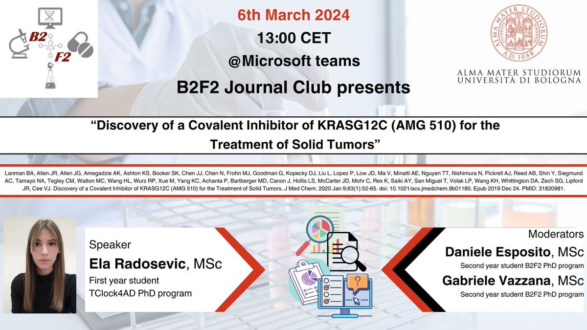 Join us for the 7th #JournalClub2024 session! Today at 1pm on Teams, 1st year PhD student Ela Radosevic will present the article 'Discovery of a Covalent Inhibitor of KRASG12C (AMG 510) for the Treatment of Solid Tumors'. You can check it at: doi.org/10.1021/acs.jm…