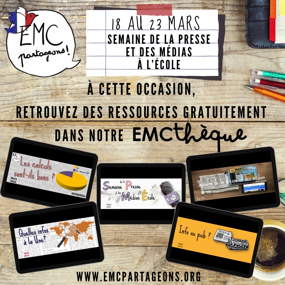 Du 18 au 23 mars, c'est la Semaine de la Presse et des Médias à l'Ecole ! #SPME2024
À cette occasion nous vous proposons de redécouvrir nos séance pour aborder cette thématique en classe !
emcpartageons.org/2024/03/06/sem…