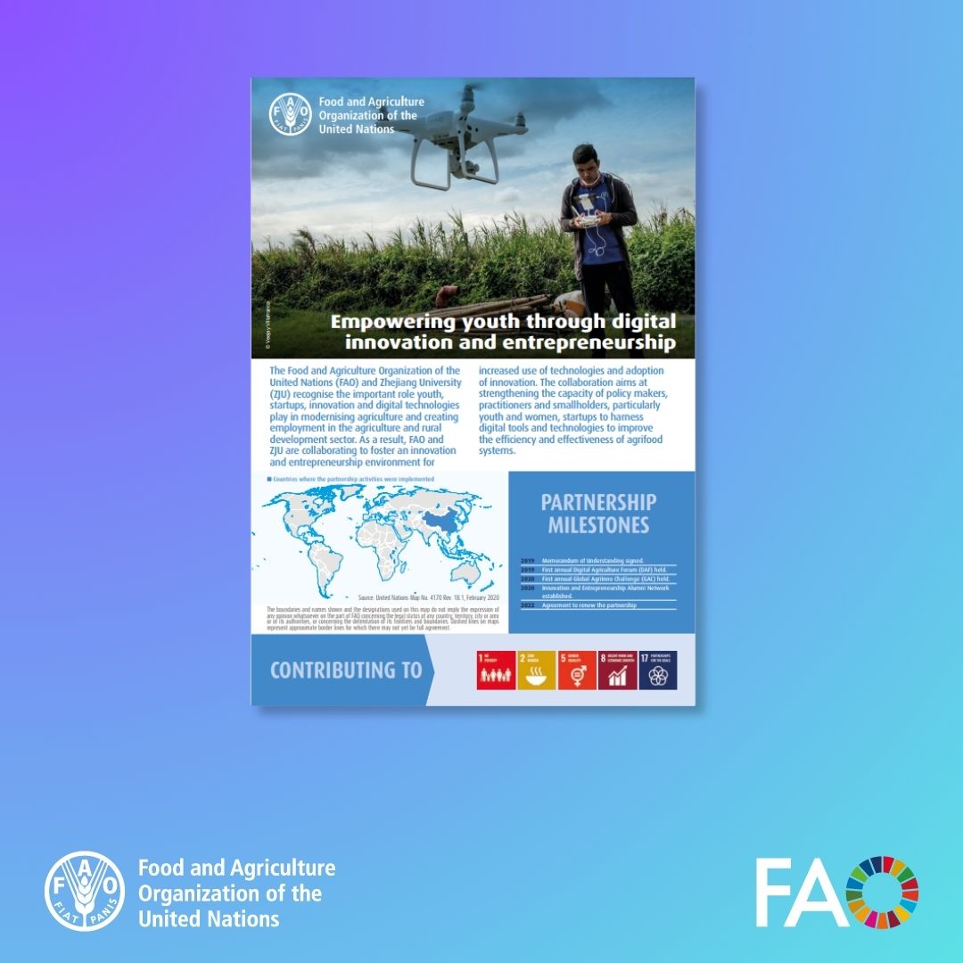 #DidYouKnow @FAO & @ZJU_China are joining forces to empower youth in agriculture through digital innovation & entrepreneurship. 🛰️ Together, we're modernizing agrifood systems & creating jobs in rural areas. 👩‍🌾 Learn more on our 🔑achievements ⬇️ fao.org/documents/card…