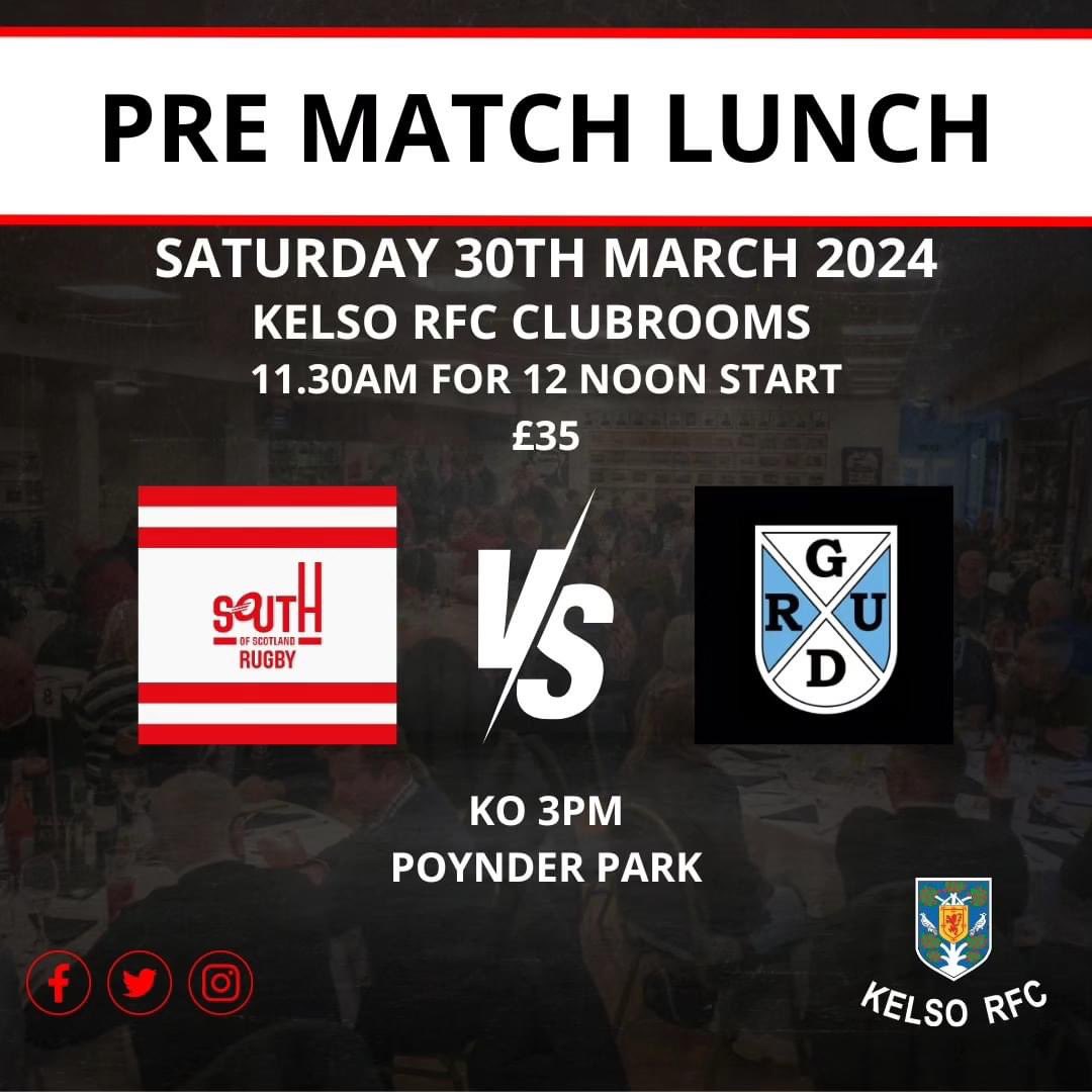 SOUTH VS GLASGOW 📍Poynder Park ⏰️ 3pm 📅 Saturday 3️⃣0️⃣th March Pre Match Lunch at 11.30am for 12 Start ⏰️ 💷£35 🏉 Guest Speakers 🏉 Presentation to Garry Waite in recognition of his retrospective Scottish Cap. To Book please contact Paul Utterson 📱 07831 168172