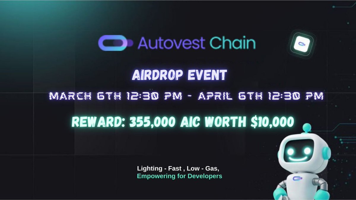 💵Our airdrop is live! Participate in our #Airdrop and earn 280 AIC (~$10) token Airdrop: t.me/AutovestChainA… Airdrop rewards will be distributed to your wallet address around on April 30th and 1000 lucky random (1000 winners in total) participants will be rewarded. #AIC