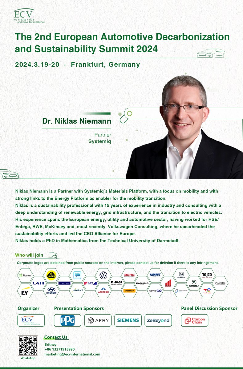 Dr. Niklas Niemann, Partner from #Systemiq Ltd., will have a wonderful speech at the #European #Automotive #Decarbonization And #Sustainability #Summit 2024. 🌱 Register now to secure your spot! 🎟:ecv-events.com/ads/EuropeanAu…