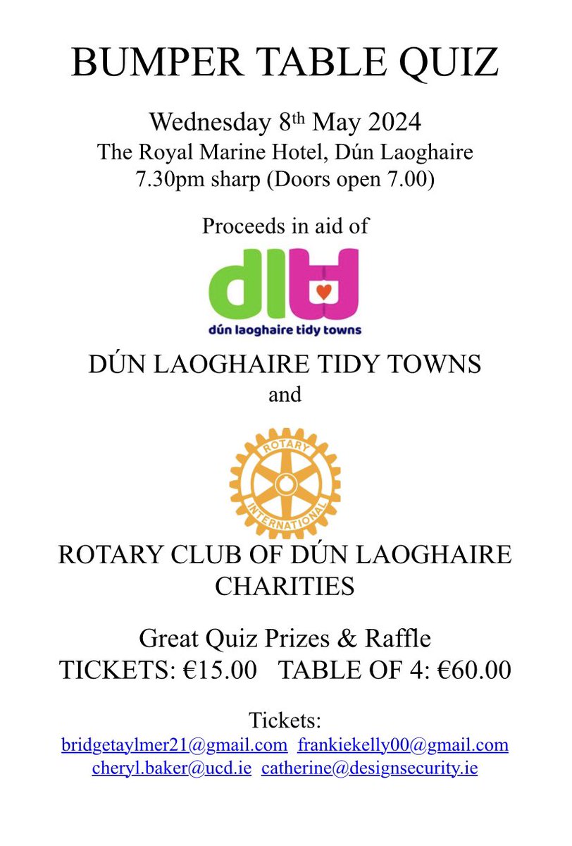 Please support Tidy Towns Fantastic table quiz, lots of fun & prizes to be won!! Book your table now!