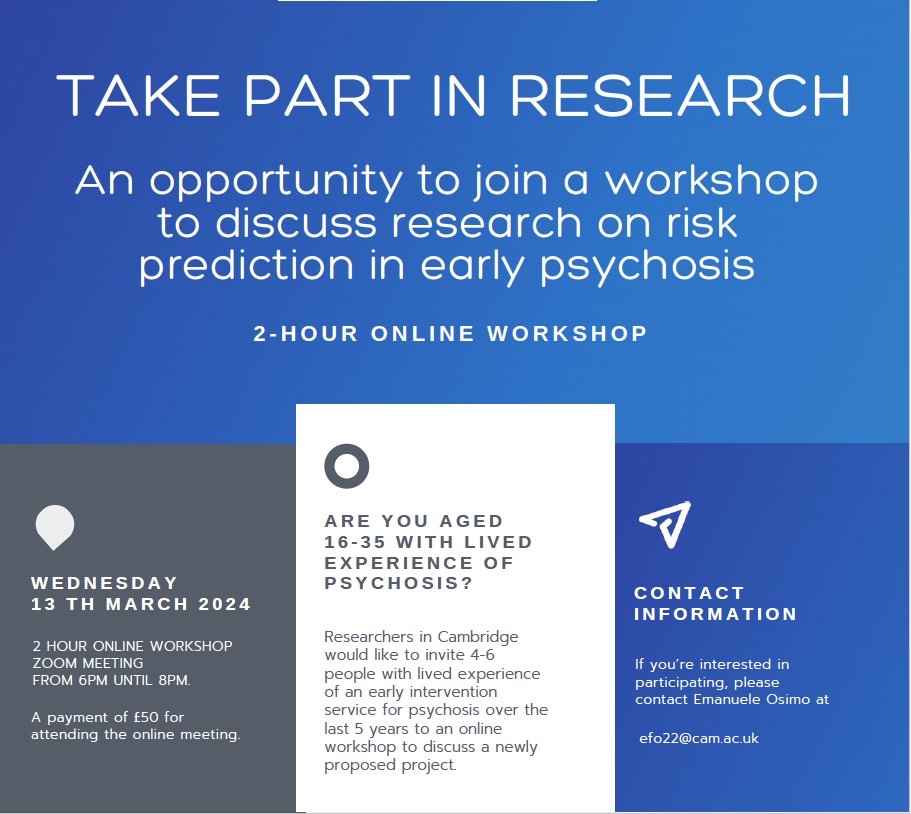 Emanuele Osimo (@eosimo) on Twitter photo Opportunity to be involved in research for a select group of people with lived experience of #psychosis: are you free for an online session, 6 to 8PM, on Wed the 13th of March, one week from now?
You will be offered £50 for your time. Email efo22@cam.ac.uk for info and to join. Opportunity to be involved in research for a select group of people with lived experience of #psychosis: are you free for an online session, 6 to 8PM, on Wed the 13th of March, one week from now?
You will be offered £50 for your time. Email efo22@cam.ac.uk for info and to join.