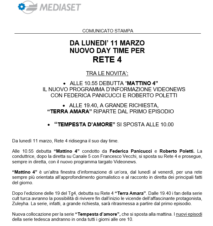 Da lunedì 11 marzo nuovo day time per #Rete4 shorturl.at/jwVW1