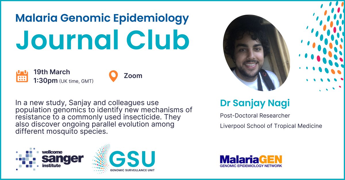 1⃣ week until our next Journal Club with Dr @Sanjay_C_Nagi! The focus of this session will be his latest research on insecticide resistance evolution in Anopheles gambiae, with implications for #malaria vector control🦟biorxiv.org/content/10.110… Sign up: sanger.zoom.us/webinar/regist…