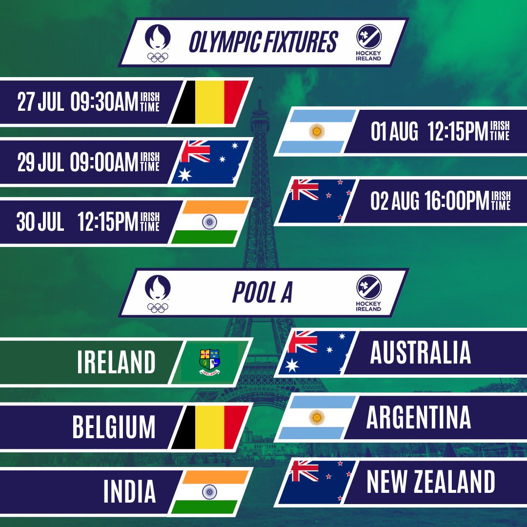 𝐏𝐚𝐫𝐢𝐬 𝟐𝟎𝟐𝟒 𝐅𝐢𝐱𝐭𝐮𝐫𝐞𝐬 𝐀𝐧𝐧𝐨𝐮𝐧𝐜𝐞𝐝 Our IRL Men's match schedule for the Paris 2024 Olympic Games has been officially announced, and what an action-packed period of hockey it is going to be. Will you be there? #HockeyInvites #Paris2024 #GreenMachine