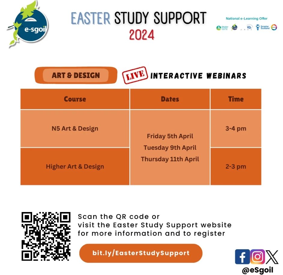 Teaching or studying Art &amp; Design in the Senior Phase? You can check our Easter Study Support webinar times at a glance with this handy timetable graphic. Please feel free to share in your school department or online. e-sgoil.com/senior-phase/e… #NeLO