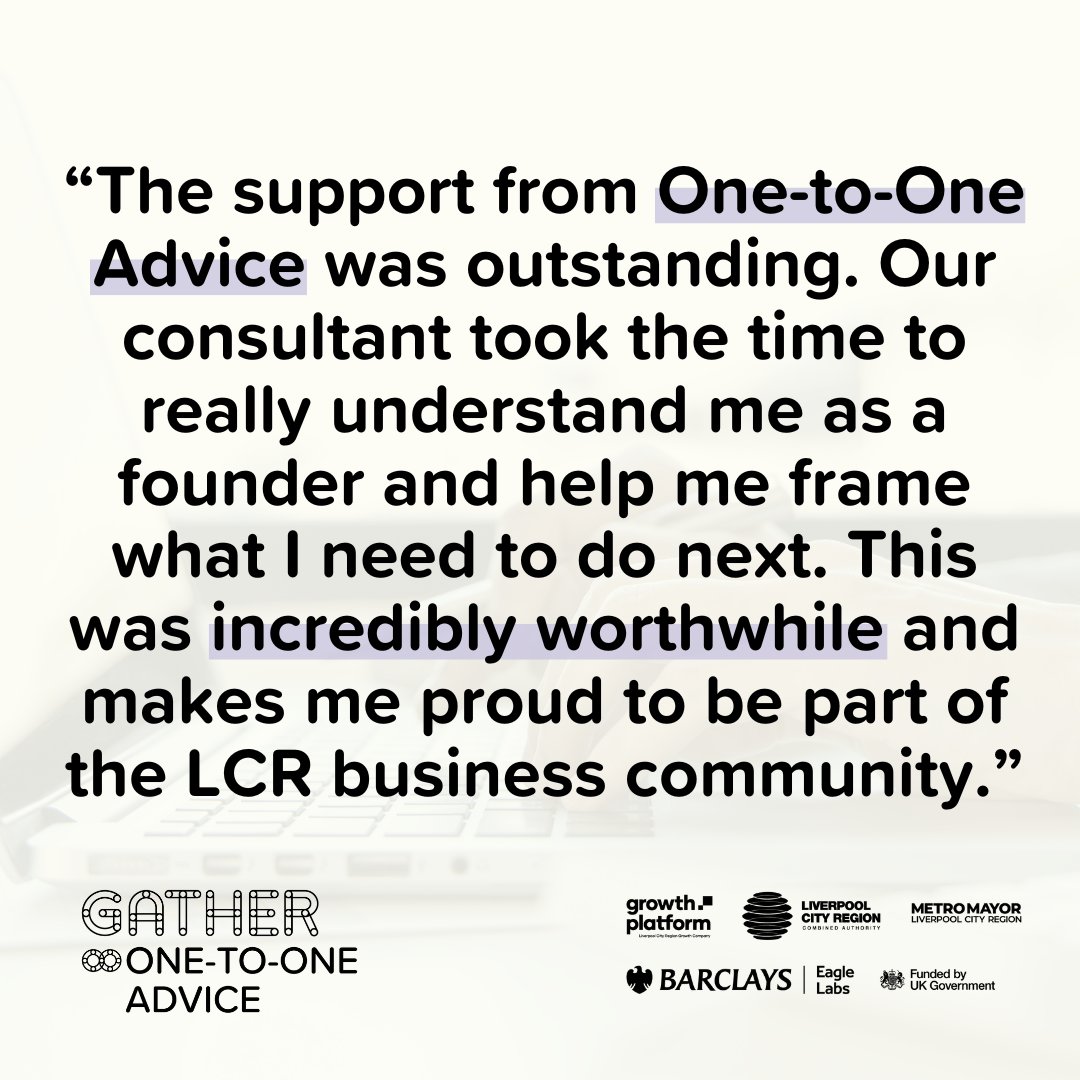 Fantastic feedback from Alex Keyter, Founder of Generative Minds, who recently took part in our One-to-One Advice programme.

The programme offers confidential support from experts who can help you move the dial on your biggest challenge or opportunity.

gatherlcr.com/one-to-one-adv…