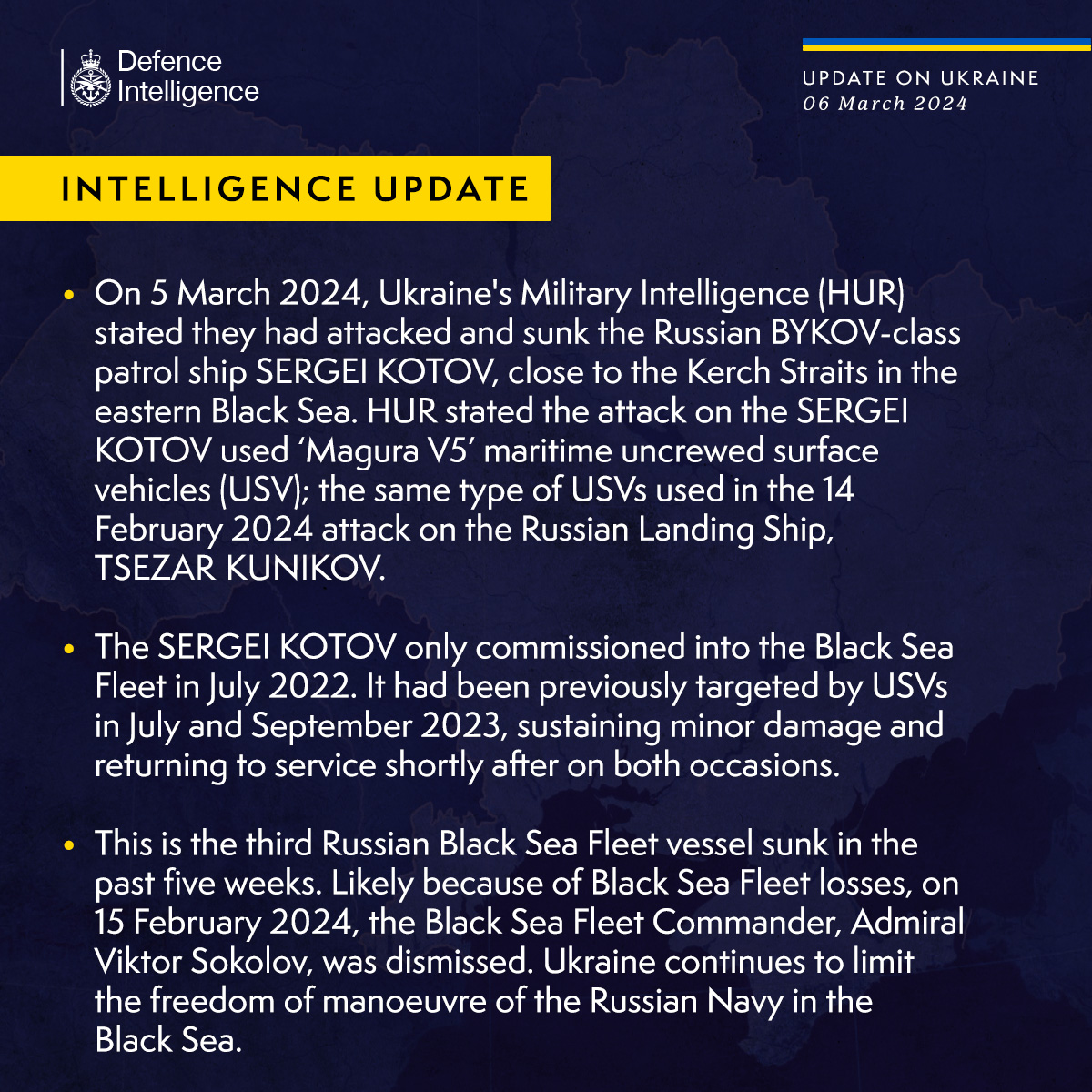 On 5 March 2024, Ukraine's Military Intelligence (HUR) stated they had attacked and sunk the Russian BYKOV-class patrol ship SERGEI KOTOV, close to the Kerch Straits in the eastern Black Sea. HUR stated the attack on the SERGEI KOTOV used ‘Magura V5’ maritime uncrewed surface vehicles (USV); the same type of USVs used in the 14 February 2024 attack on the Russian Landing Ship, TSEZAR KUNIKOV.   The SERGEI KOTOV only commissioned into the Black Sea Fleet in July 2022. It had been previously targeted by USVs in July and September 2023, sustaining minor damage and returning to service shortly after on both occasions.   This is the third Russian Black Sea Fleet vessel sunk in the past five weeks. Likely because of Black Sea Fleet losses, on 15 February 2024, the Black Sea Fleet Commander, Admiral Viktor Sokolov, was dismissed. Ukraine continues to limit the freedom of manoeuvre of the Russian Navy in the Black Sea.