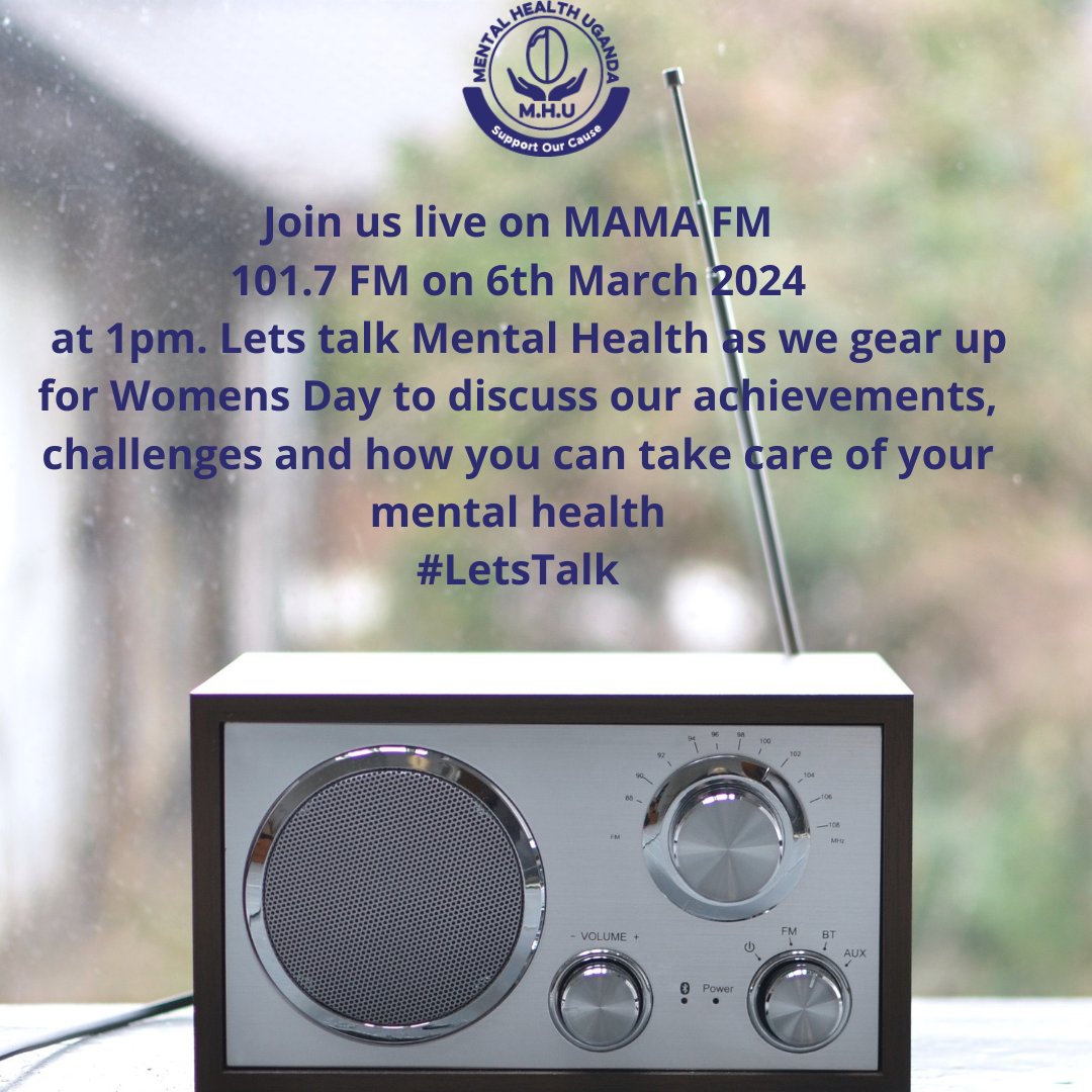 Mental Health Uganda (@mentalhealth_ug) on Twitter photo Womens Day is round the corner, join us today on <a href="/mama_fm1017/">Mama Fm 101.7</a> at 1pm EAT as we discuss mental health, our work with women, challenges and achievements.
#ConversationsChangeLives #LetsTalk
#MentalHealthMatters
#WomensDay Womens Day is round the corner, join us today on <a href="/mama_fm1017/">Mama Fm 101.7</a> at 1pm EAT as we discuss mental health, our work with women, challenges and achievements.
#ConversationsChangeLives #LetsTalk
#MentalHealthMatters
#WomensDay