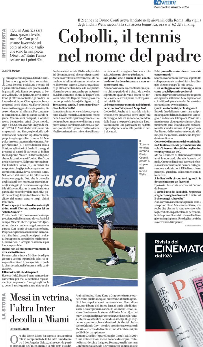 La mia intervista a Flavio #Cobolli su @Avvenire_Nei. Il motivo del grande inizio di stagione, l’esordio a #IndianWells, il suo passato nella #Roma, la sua fede giallorossa e l’amicizia con Bruno #Conti, il rapporto con papà Stefano e gli obiettivi/sogni.