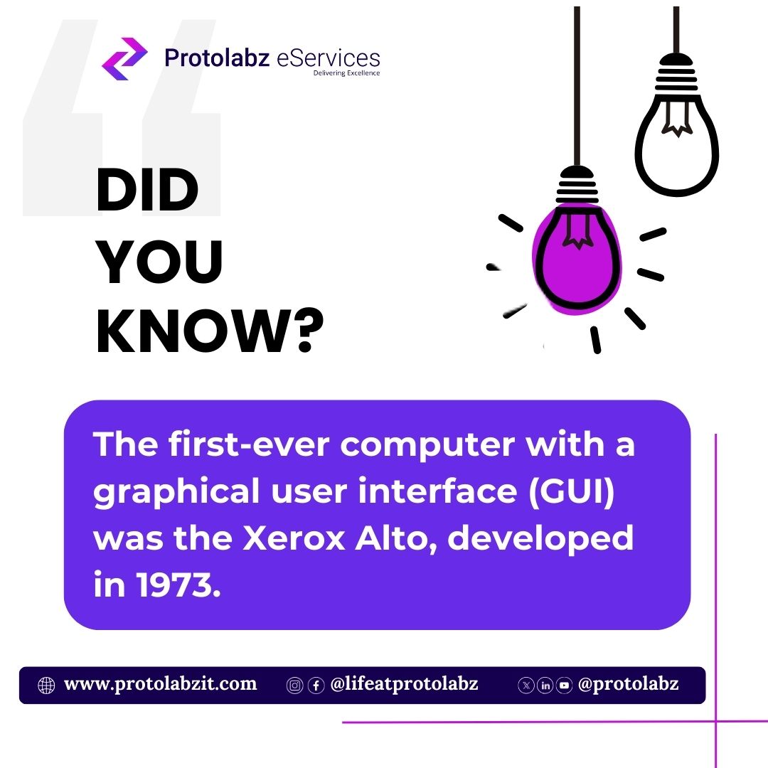 Did You Know?
#DidYouKnow #TeamProtolabz #interestingfactsforyou #factsonly #factsdaily #Graphicaluserinterface #GUI #graphicuserinterface #xeroxalto #webappdevelopmentcompany #mobileappdevelopment #DeliveringExcellence