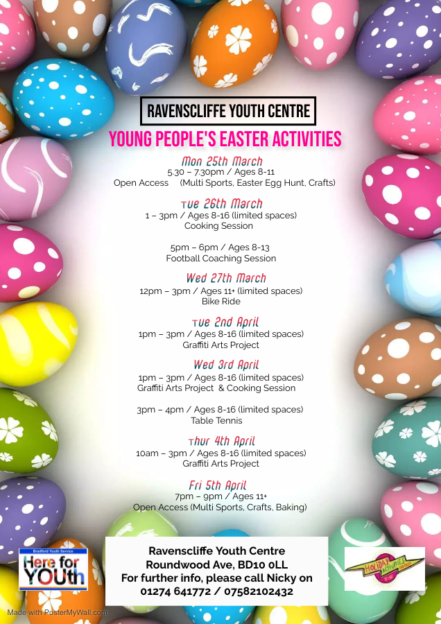 There will be lots of Easter activities taking place at Ravenscliffe Youth Centre!
