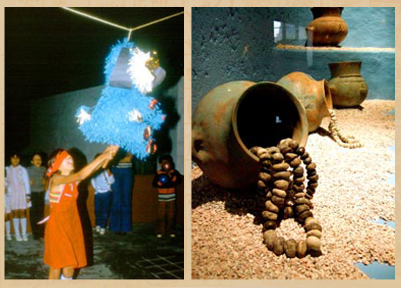 Mexicolore's tweet image. Could the #piñata have ancient #Mexican ancestry?  The 'History of the Mexicans as Told by their Paintings' tells of the #tlaloque who 'each carried an earthen jug and rod... from these they cast down the rain, and the thunder was when they struck the vessels with their rods...'