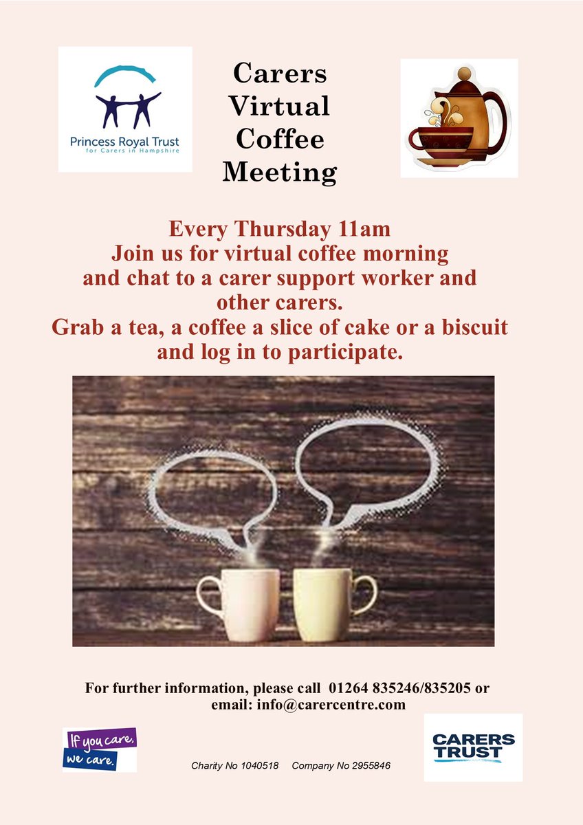 Don't forget to join our Virtual Coffee morning tomorrow on Zoom, please email info@carercentre.com for the link! 😊