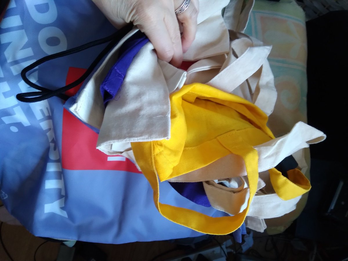 Everyone knows you go to conferences for the free merch. This is my son's haul of 11 tote bags at a university fair. The humble tote bag is clearly the preferred freebie from universities. What is the best freebie you have bagged at a conference?