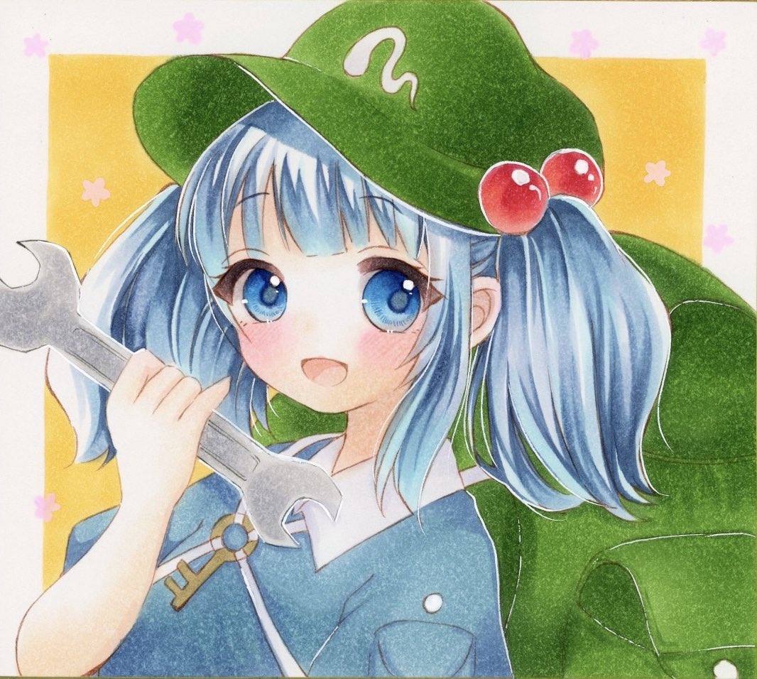 kawashiro nitori 1girl blue hair solo blue eyes wrench hair ornament hat  illustration images