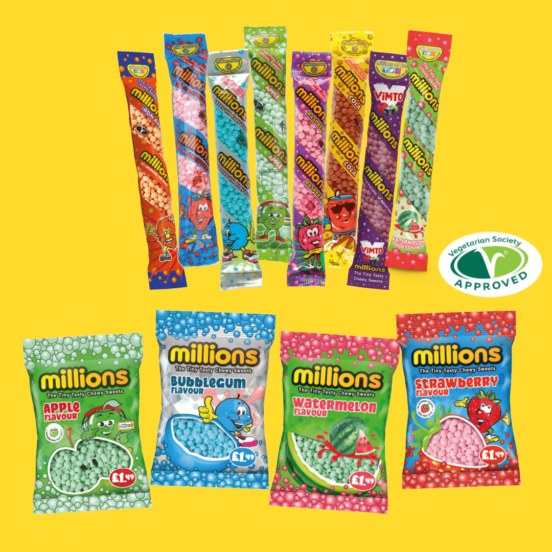 Dive into a delicious world of sweetness with Millions Sweets!🍬💜 @millionssweets From tangy twists to fruity bursts, there's a flavour for every craving. Indulge your sweet tooth and treat yourself today! 🍬✨#Vegetarian approved by @vegsoc💚 #MillionsSweets