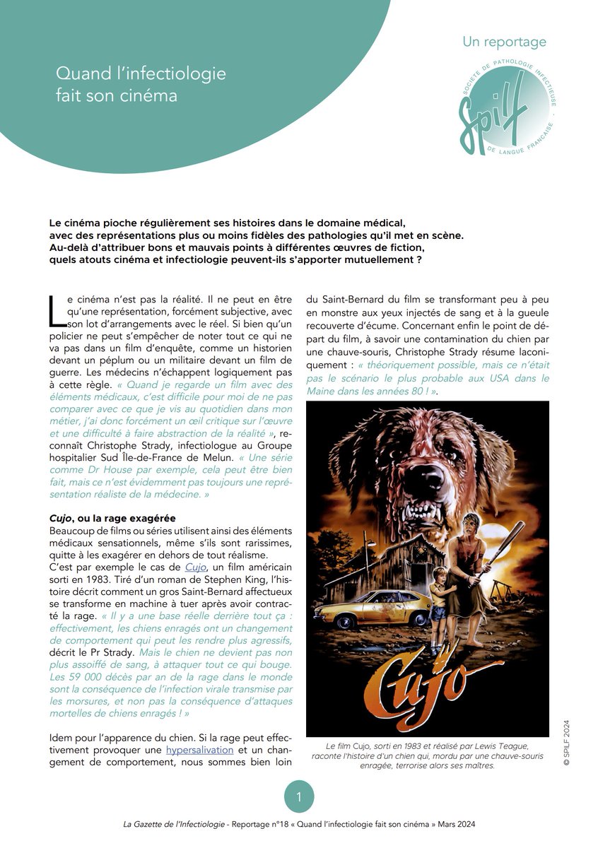 Le 18e #reportage de La Gazette de l'Infectiologie est disponible dès aujourd'hui ! Découvrez gratuitement notre nouvel article grand public : 'Quand l’infectiologie fait son cinéma'. ➡️infectiologie.com/fr/quand-l-inf… #Cujo #Rage #TheLastOfUs #Philadelphia #VIH #MédecineNarrative