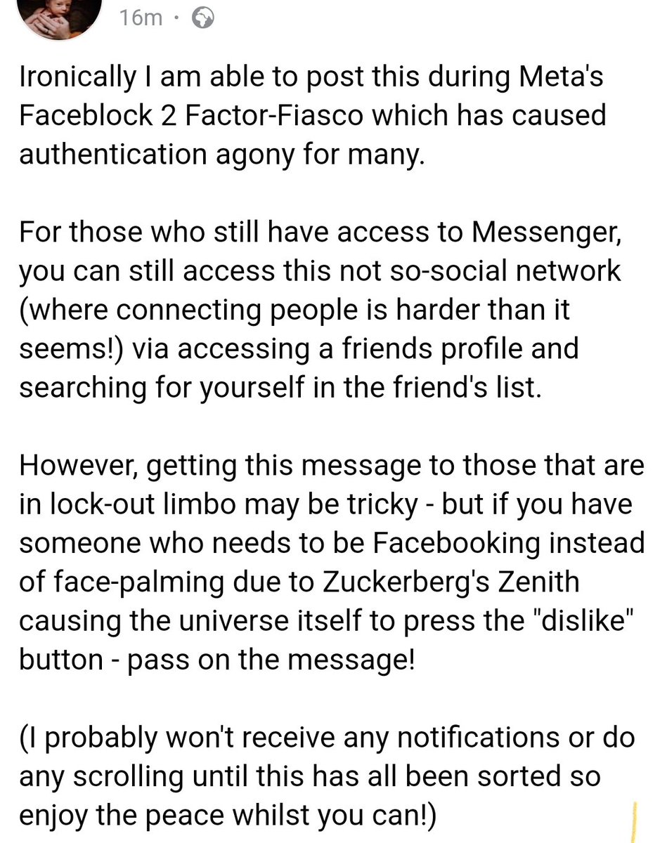 eyesonjason's tweet photo. @facebook I'm still out of the main account but still have WA, Messenger and Insta. 

If anyone still has access to Messenger and wants to have limited accessibility to their account see my current workaround. https://t.co/Etn368Ji0l