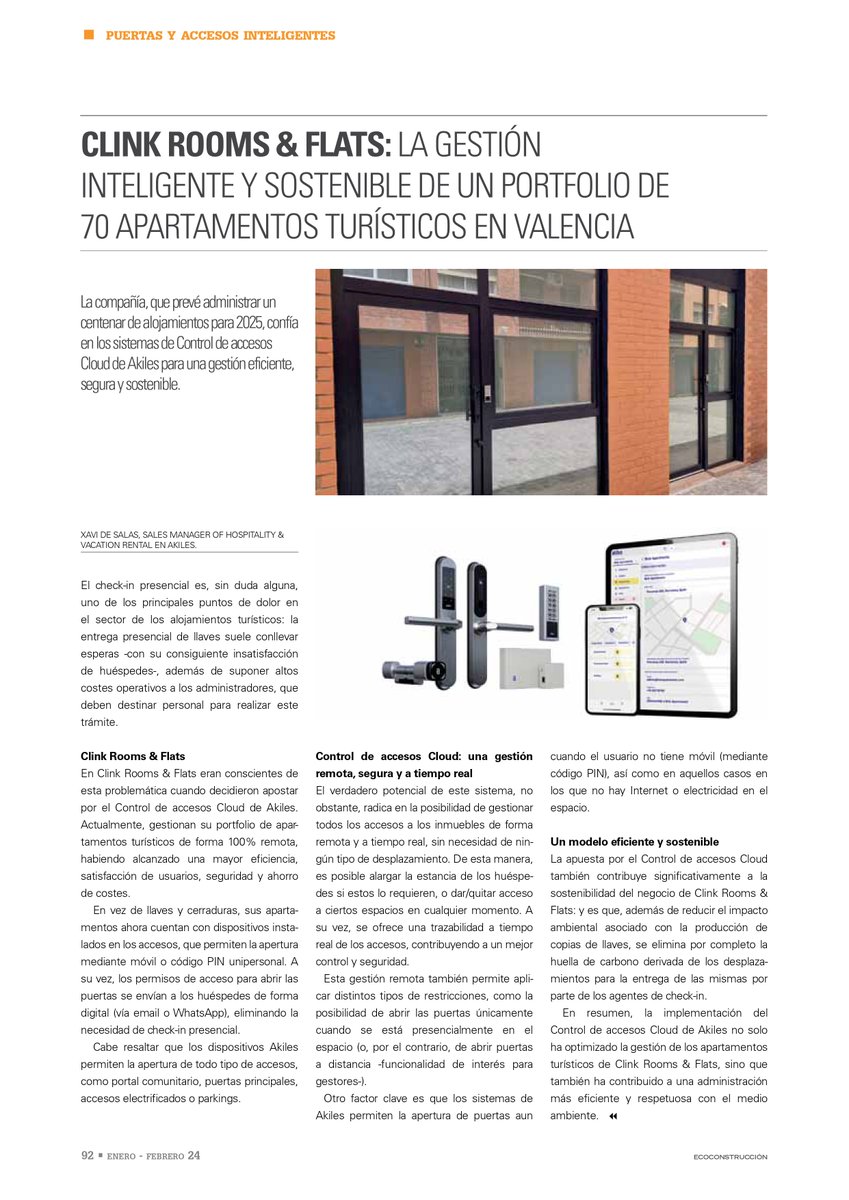 📰 ¡Nuevo artículo en la edición impresa de la revista @ecoconstruccion! En esta ocasión, resaltamos la gestión 100% remota que realiza nuestro cliente Clink Rooms & Flats de su cartera de 70 apartamentos turísticos en Valencia. Solicita más info: bit.ly/433J150