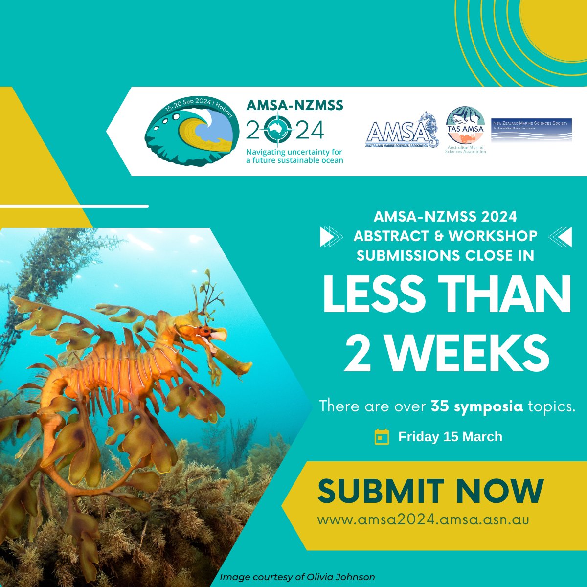 Get your abstract and workshop submissions in now for the upcoming AMSA & NZMSS 2024 Conference in Hobart! Submissions close in less than 2 weeks. Register online amsa2024.amsa.asn.au