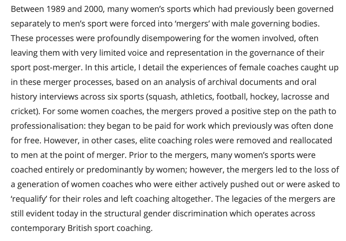 NEW ARTICLE (Open Access):

Women coaches, professionalisation &amp; NGB mergers in England, 1989–2000.

How forcing governance mergers in squash, athletics, football, hockey, lacrosse &amp; cricket led to structural discrimination in sports coaching in the UK.

tandfonline.com/doi/full/10.10…