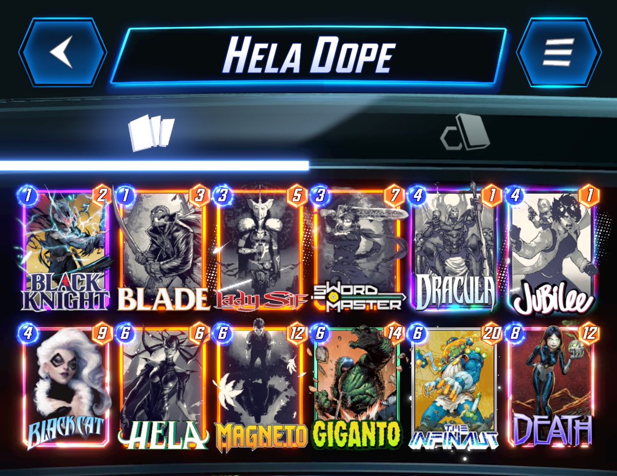 ShieldAgent's tweet image. Made it my goal to go for Day 1 Infinite, Took me less than 3 hours, Hela is broken af, take advantage. Must have gotten at least 15 8 cubers, didn’t get Leeched once @SnapDecks
@MARVELSNAP @seconddinner
@MarvelSnapZone @UntappedSNAP
#MARVELSNAP #Marvel #MarvelComics
#INFINITE