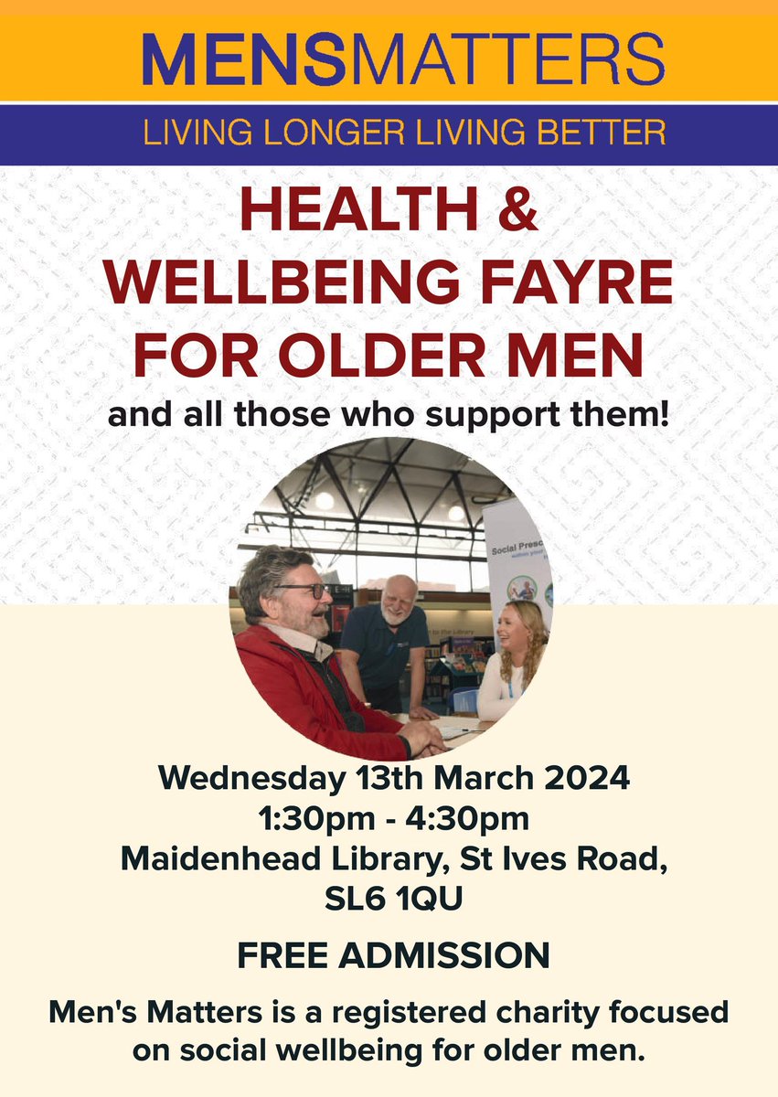 Come and join us at Maidenhead Library for the Health and Wellbeing Fayre!
Admission is FREE so come and learn what's available in RBWM to support your health and wellbeing.

Wednesday 13th March 2024, 1.30pm – 4.30pm, Maidenhead Library.

#RBWM #health #wellbeing #charities