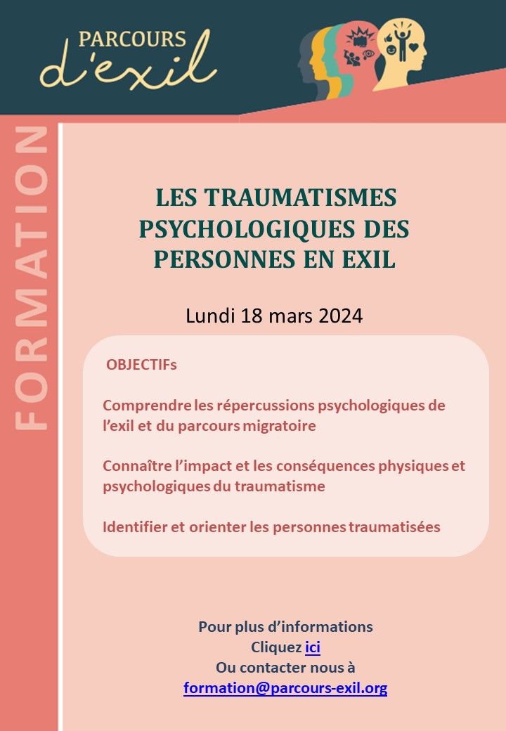 📢 [Rappel : Formation Imminente] Module 1 : Les Traumatismes Psychologiques des Personnes en Exil - 18 Mars 2024

📧 Envoyez-nous un courriel à formation@parcours-exil.org
👉 Visitez notre site web : parcours-exil.org