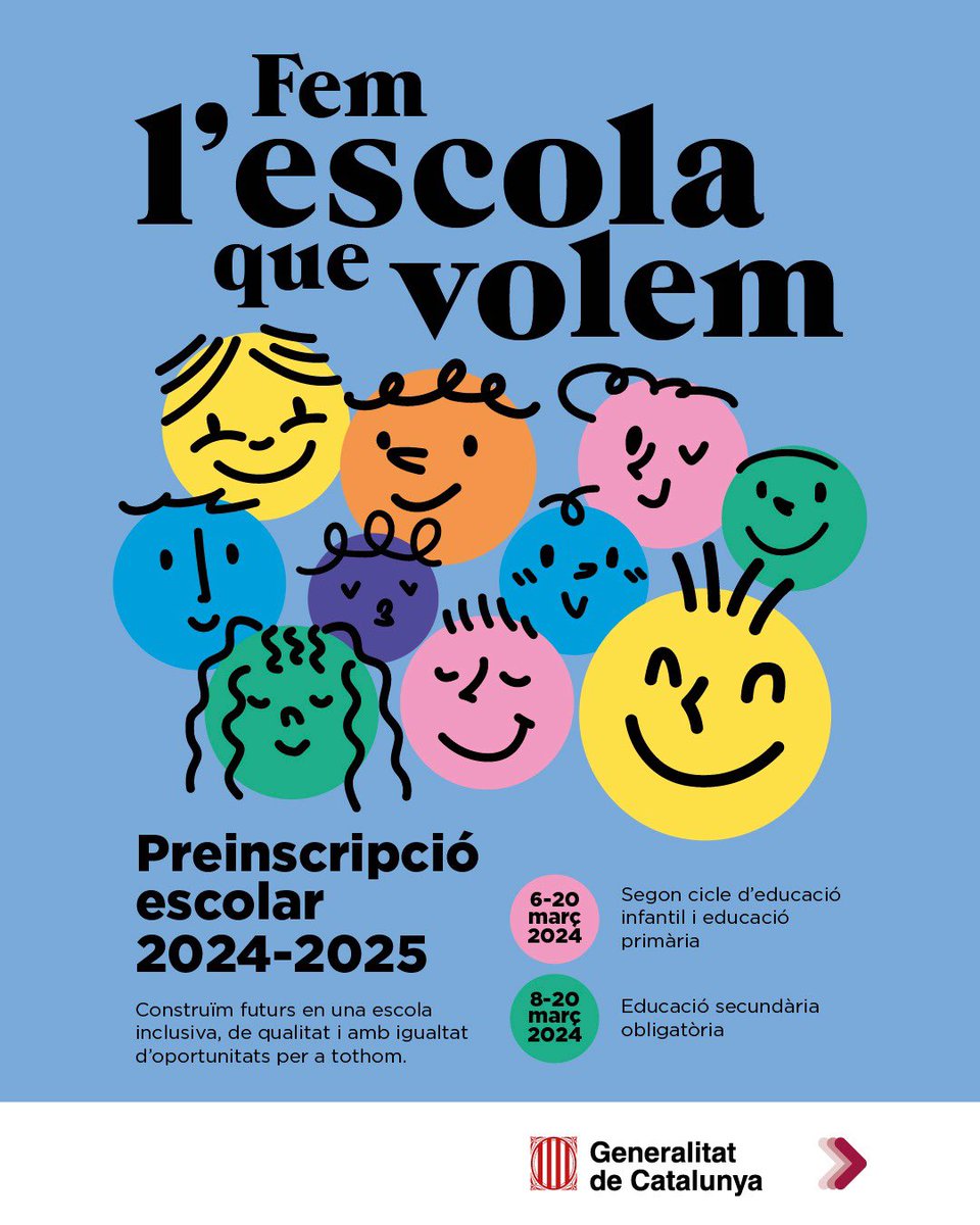 Famílies 👋🏻! Avui ha començat el període per fer la preinscripció per a infantil i primària. 

➡️ La sol•licitud és electrònica i ho podeu fer a través del web preinscripció.gencat.cat durant les 24h del dia.