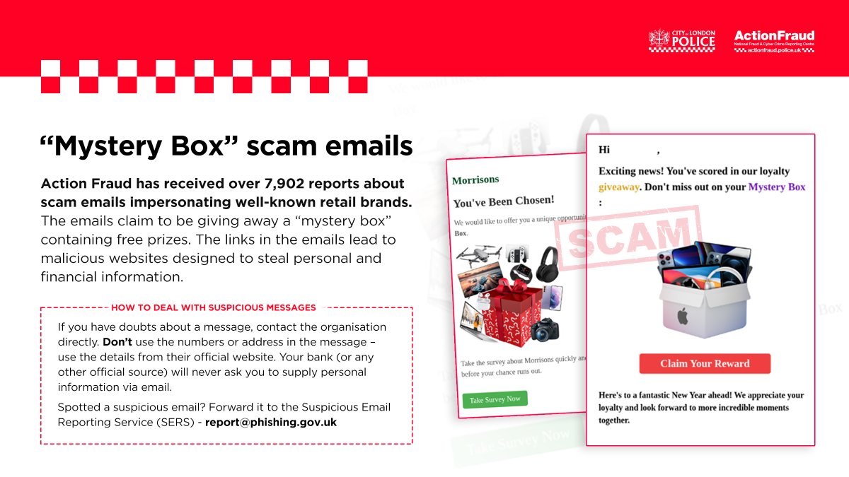 ⚠️ EMAIL SCAM ⚠️ 🎁Watch out for these fake emails claiming you're the winner of a 'mystery box'. The only 'reward' they lead to are phishing websites designed to steal your personal information. ✅Forward suspicious emails to report@phishing.gov.uk